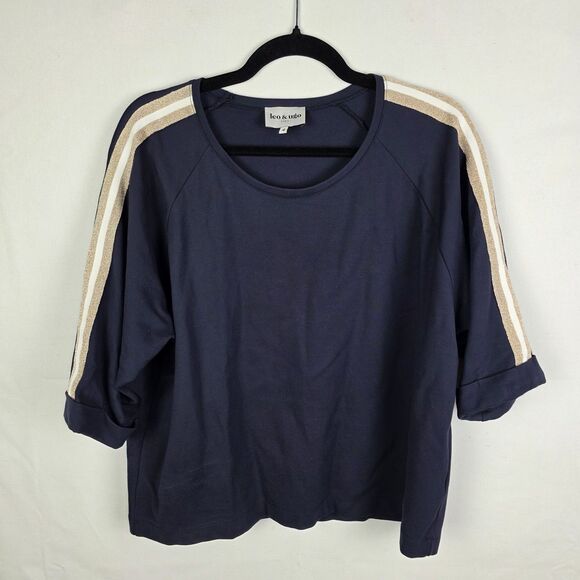 Leo & Ugo Metallic Shoulder Striped Cuffed Sleeve Navy Blue Top Size 10 Nautical - Picture 1 of 6